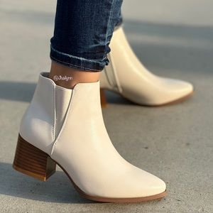 Nude chunky wooden stacked heel ankle bootie